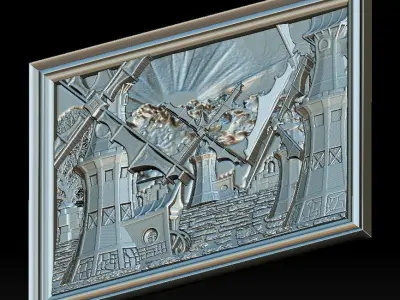 Windmill Panno STL File for CNC Relief engraving 3D model