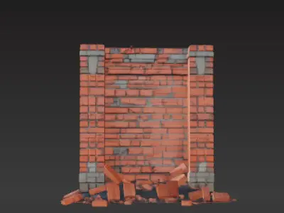 Collapsed Brick Barrier  Damaged Wall with Exposed Rebar Low-poly 3D model
