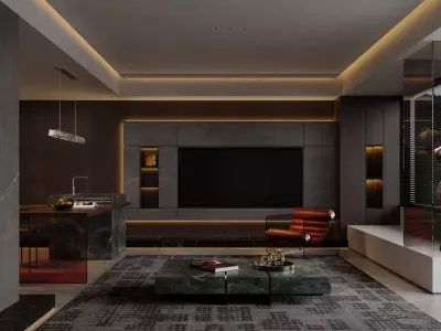 Dark living room dining room interior scenes  3D model