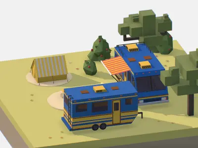 blue tourist van on halt in meadow Low-poly 3D model