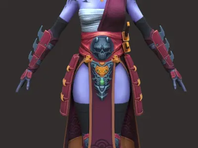 Oni-girl samurai woman with hair and eyes Low-poly 3D model