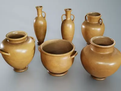 Set of 6 Clay Pots Low-poly 3D model