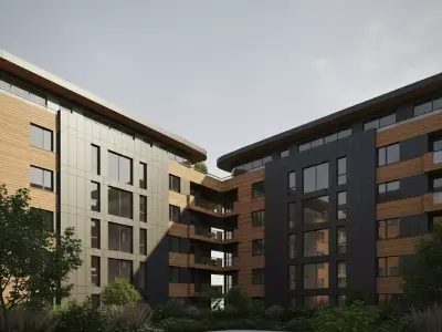 Modern Residential Building with Wood and Dark Panel Facade Low-poly 3D model