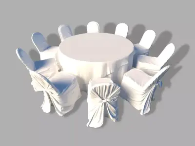 Wedding round table cloth and 10 covered chairs 3D model
