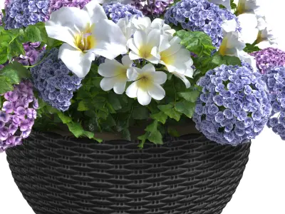 Hanging basket flowerpot rattan pot with flowers 3D model