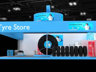 Modern tyre display booth with overhead branding and blue theme 3D model