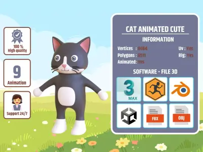 High-Quality 3D Cute Cat - Animated for Games Low-poly 3D model