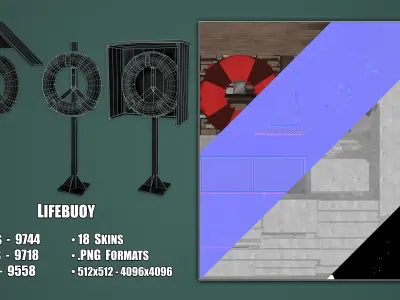 Set of 3 Lifebuoy On Holders Low-poly 3D model