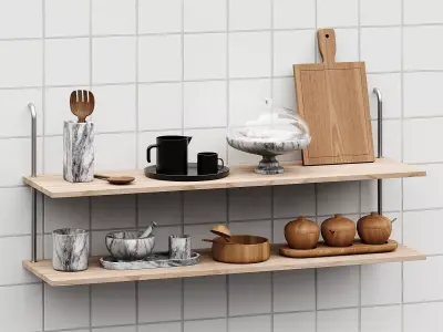 Kitchenware collection in wood and marble 3D model