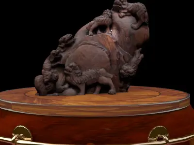 Chinese lion  wood root carving sculpture  3D model