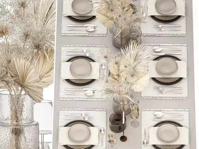 Table setting for 6 persons with a bouquet of dried flowers 3D model