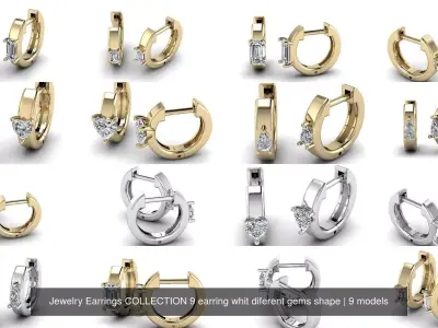 Jewelry Earrings COLLECTION 9 earring whit diferent gems shape 3D Model Pack