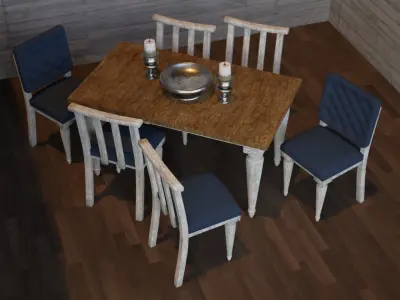 Table Set dining and chairs Low-poly 3D model