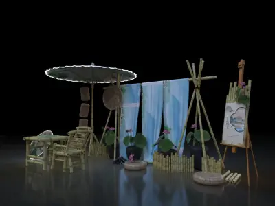 Chinese style beautiful Chen umbrella bamboo table and chair 3D model
