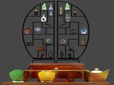 Chinese shelf with yuanbao and decorative sculpture 3D model
