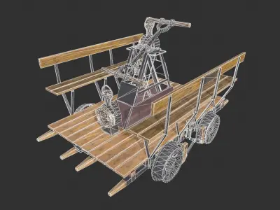 Handcar wooden cart with steam engine Low-poly 3D model