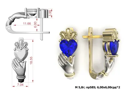 G0143 claddagh earrings with sapphires 3D print model