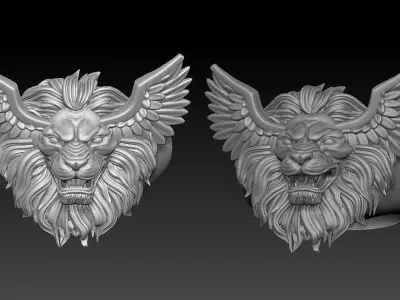 3D Printed Model of Lion Head Ring with Wings 3D print model