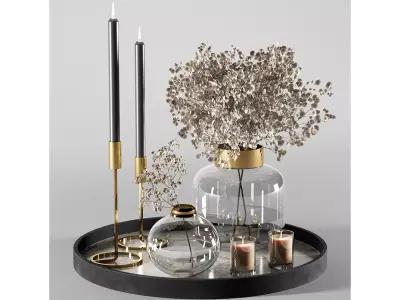 Decorative set 3 tray with candles and glass vases 3D model