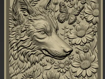 Wolf Head and Flowers A52 3D print model