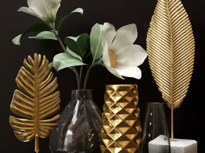 Decorative set gold leaves and vases on table 3D model