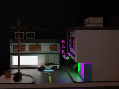 a scene with a car and buildings 3D model