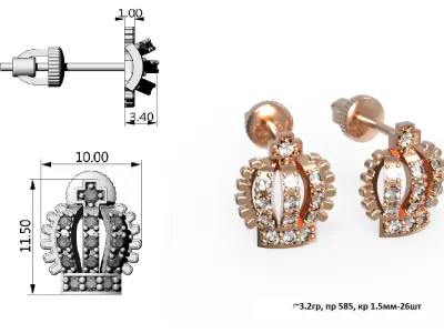 G0121 rose gold crown stud earrings 3D print model