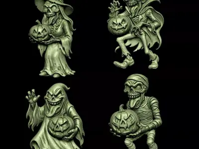 Halloween Monsters Set of 4 Charaters Bas relief 3D STL 3D print model