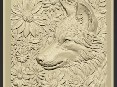 Wolf Head and Flowers A51 3D print model