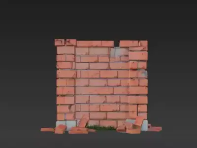 Collapsed Brick Barrier  Damaged Wall with Exposed Rebar Low-poly 3D model