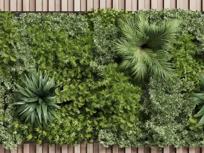 Wooden Panels and Vertical Wall Garden collection of houseplant 3D model