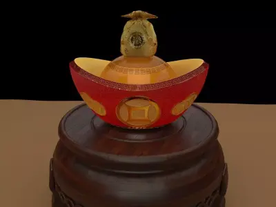 Chinese gold ingot piggy bank with money bag  3D model