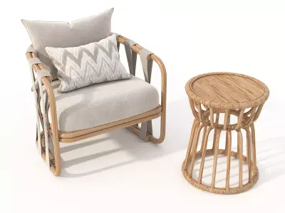 Rattan Coffee Table and Chair Set 6 3D model