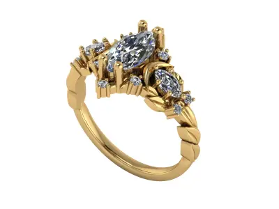 Marquise diamond ring with leaf shank 3D print model