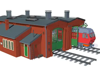 Railway depot with diesel locomotive 3D model