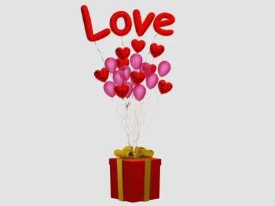 Valentines gift box with balloons 3D model