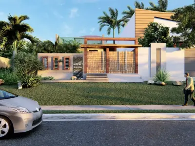 Exterior Render - 3D Model modern house with car Low-poly 3D model