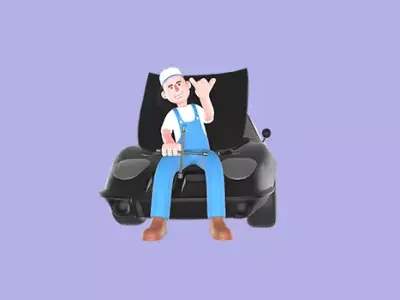 Stylized 3D Mechanic Sitting on Car Bumper - Cartoon 3D model