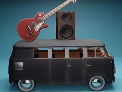 Kombi with Guitar on the roof low poly Low-poly 3D model