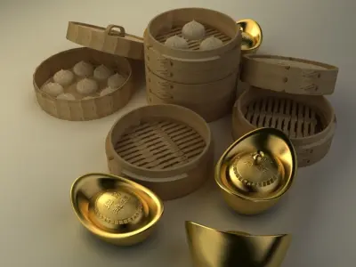 Chinese gold ingot and bamboo steamer buns  3D model
