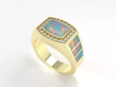 Men Opal Signet Ring 3D Model - Diamond Halo - Print Ready 3D print model
