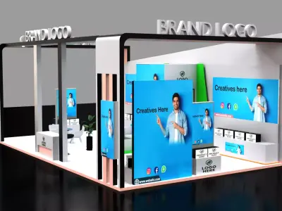 Interactive double-sided trade show booth with display walls 3D model