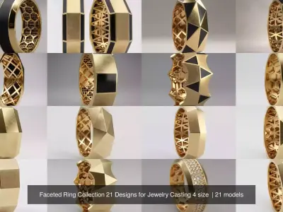 Faceted Ring Collection 21 Designs for Jewelry Casting 4 size  3D Model Pack