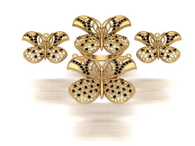 Jewelry butterfly ring set gold with diamonds 3D print model