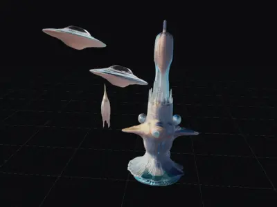 Statue of Futuristic Building and 2 UFOs Low-poly 3D model