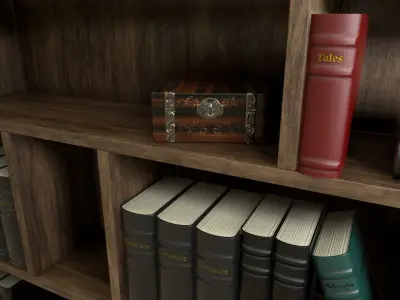 High poly photo realistic book-shelf with books and props 3D model