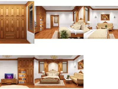 Classic Luxury Wooden Bedroom Interior  3D Max  VRay Scene 3D model