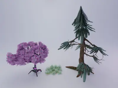 Stylized nature asset with trees bushes and grass Low-poly 3D model