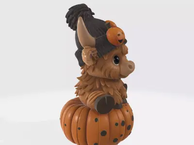 Adorable Highland Cow Sitting on Pumpkin Cute Halloween 3D print model