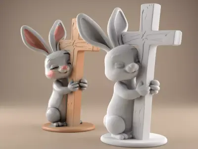 Easter Cute Bunny Hugging a Cross  playful  symbolic 2 3D print model